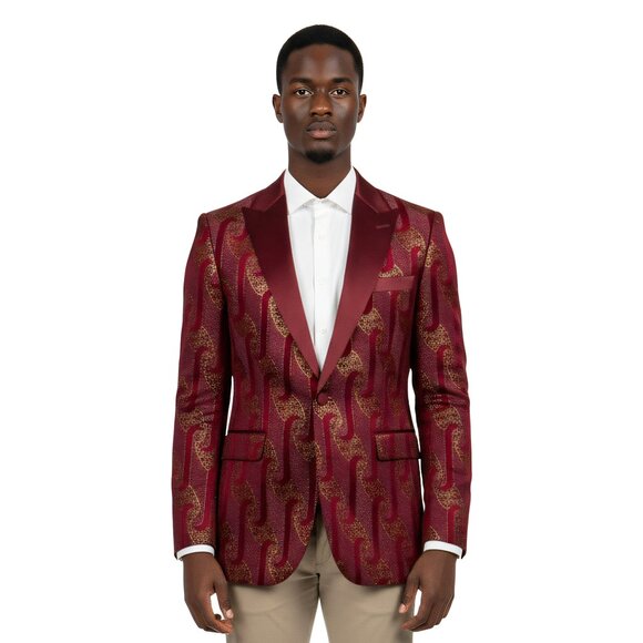 Empire™ Metallic Brocade Wave Modern-Fit Peak Lapel Blazer, Burgundy & Gold - Picture 1 of 5